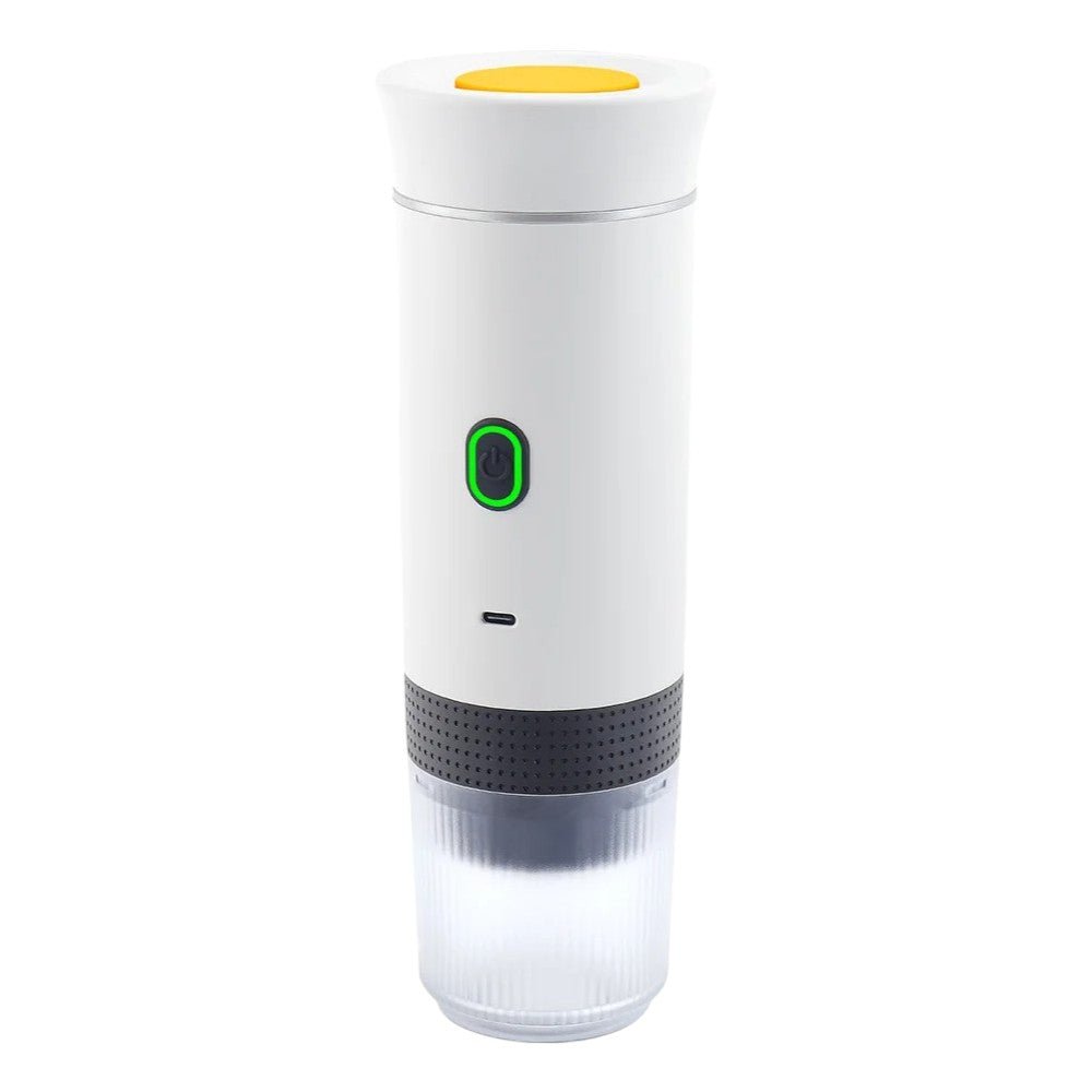 White and gray electronic device with a green light on a white background