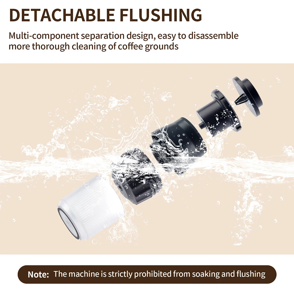 Coffee machine components with water splashes on a beige background, highlighting detachable flushing feature.
