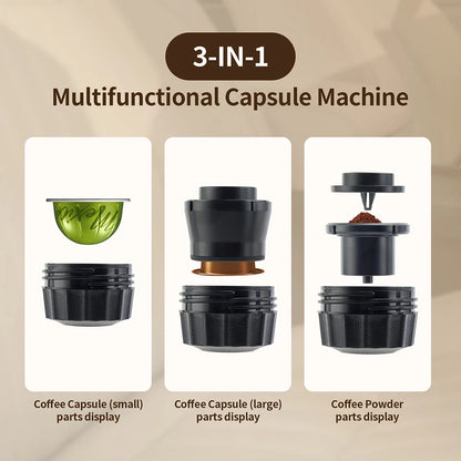 3-in-1 multifunctional capsule machine with different parts displayed on a beige background.