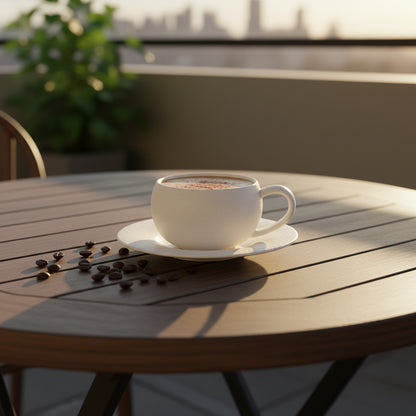 White mug with coffee on a wooden table with scattered coffee beans, blurred background