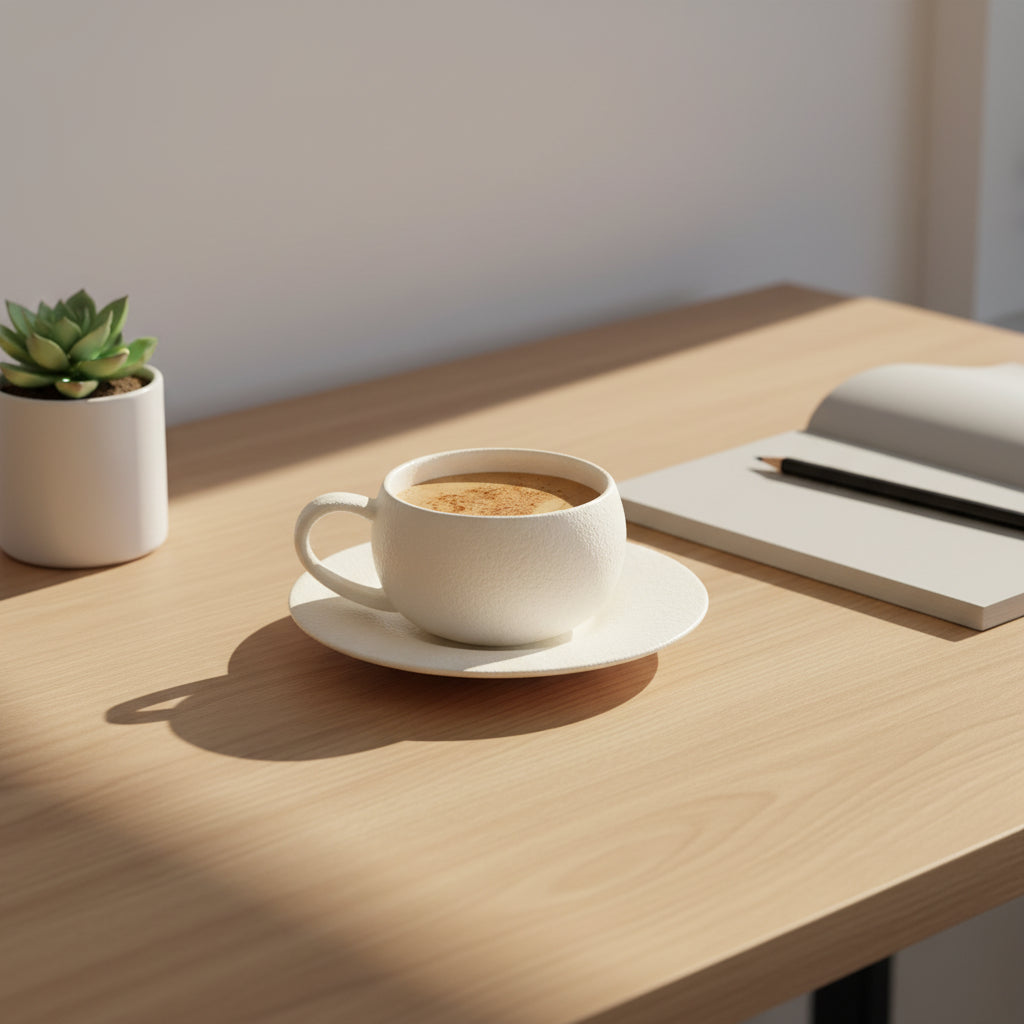 White ceramic cup and saucer with a steaming beverage on a white background