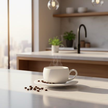 White ceramic cup and saucer on a white background