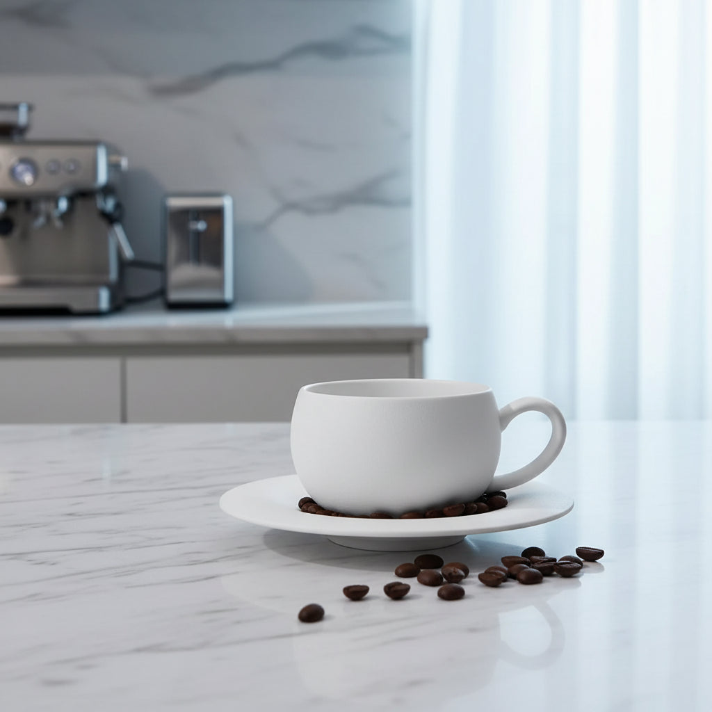 White ceramic cup and saucer on a white background
