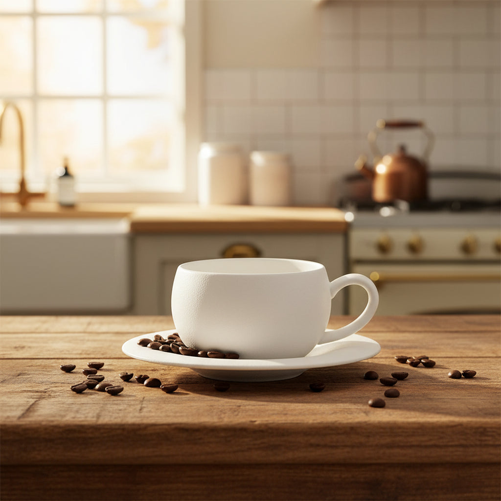 White ceramic cup and saucer on a white background