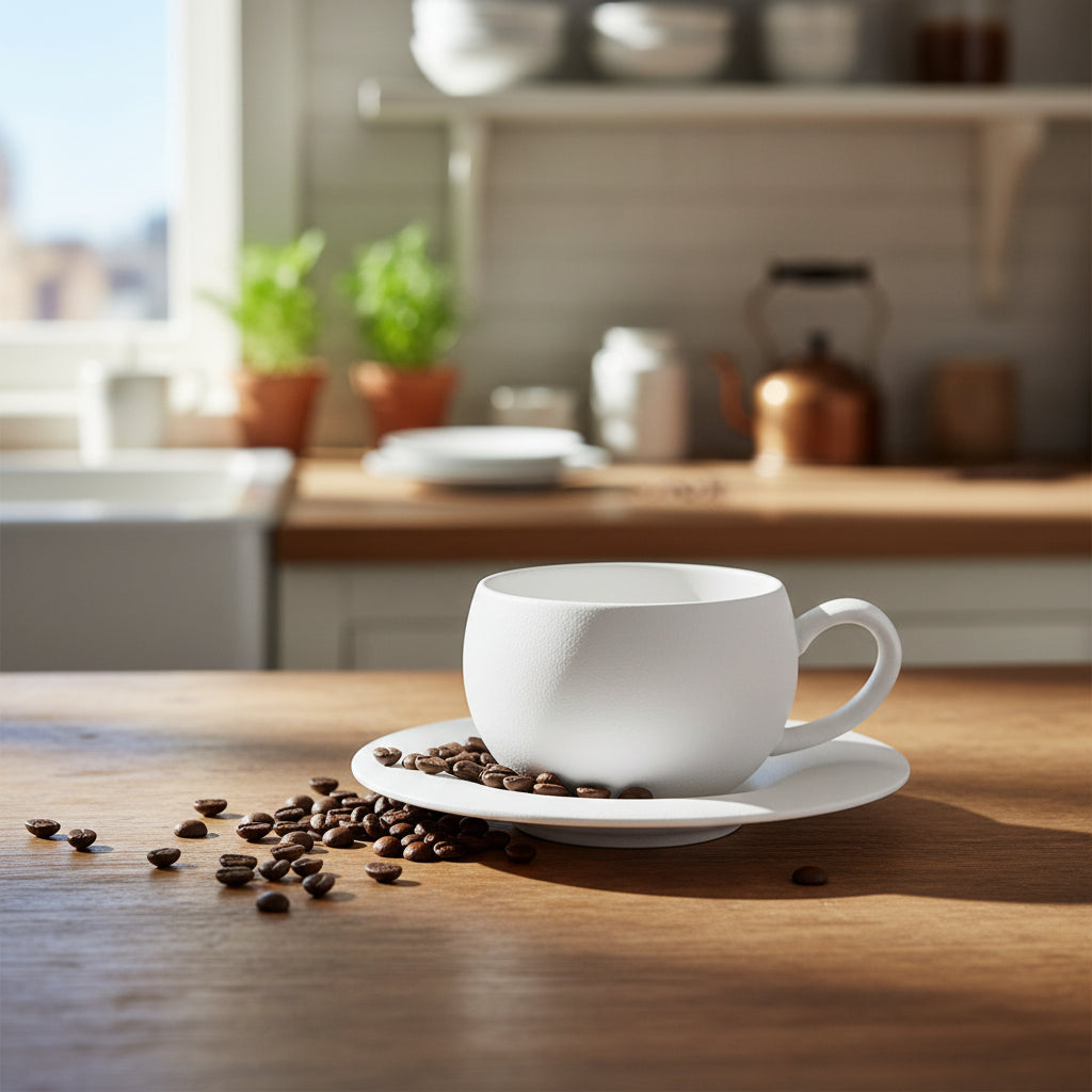 White ceramic cup and saucer on a white background