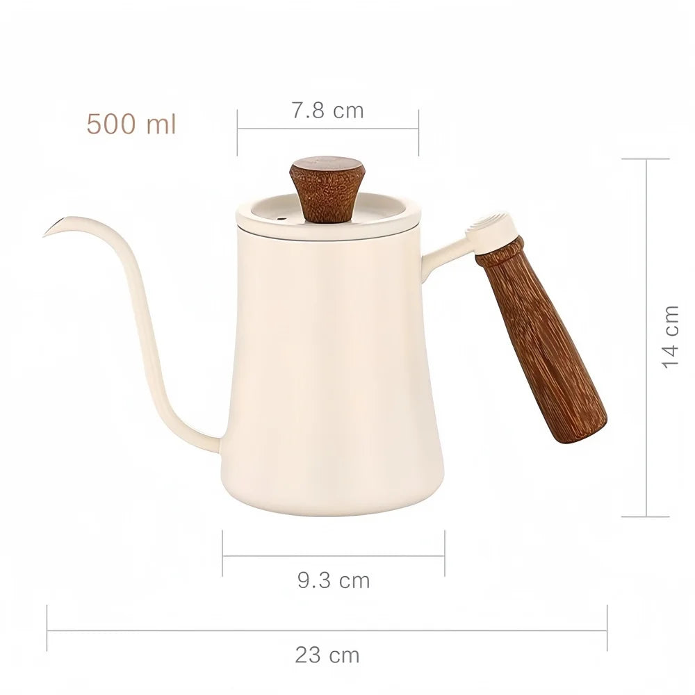 White coffee pot with wooden handle and spout, showing measurements on a white background