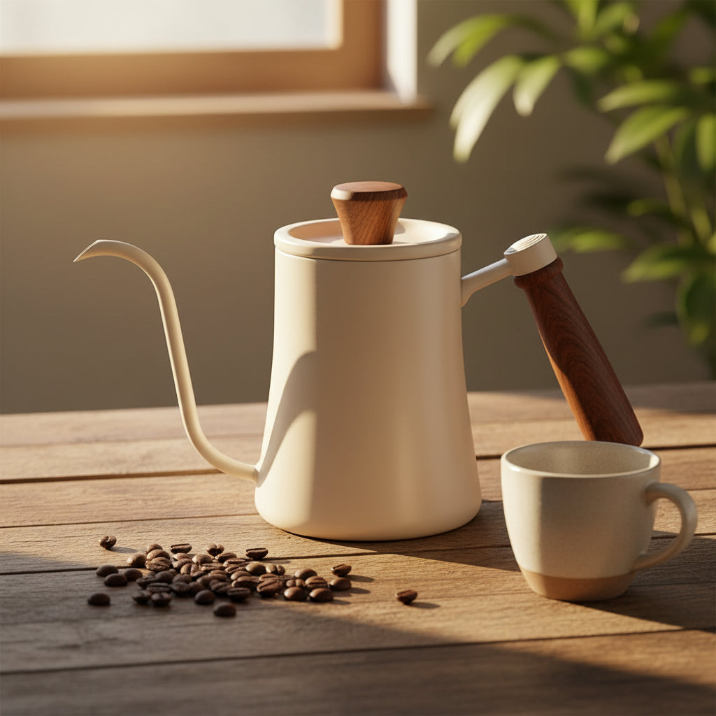 An off-white gooseneck coffee kettle with a long wooden handle and a matching wooden lid knob, On a rustic wooden table, warm afternoon sunlight, coffee beans
