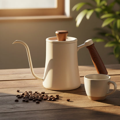 An off-white gooseneck coffee kettle with a long wooden handle and a matching wooden lid knob, On a rustic wooden table, warm afternoon sunlight, coffee beans

