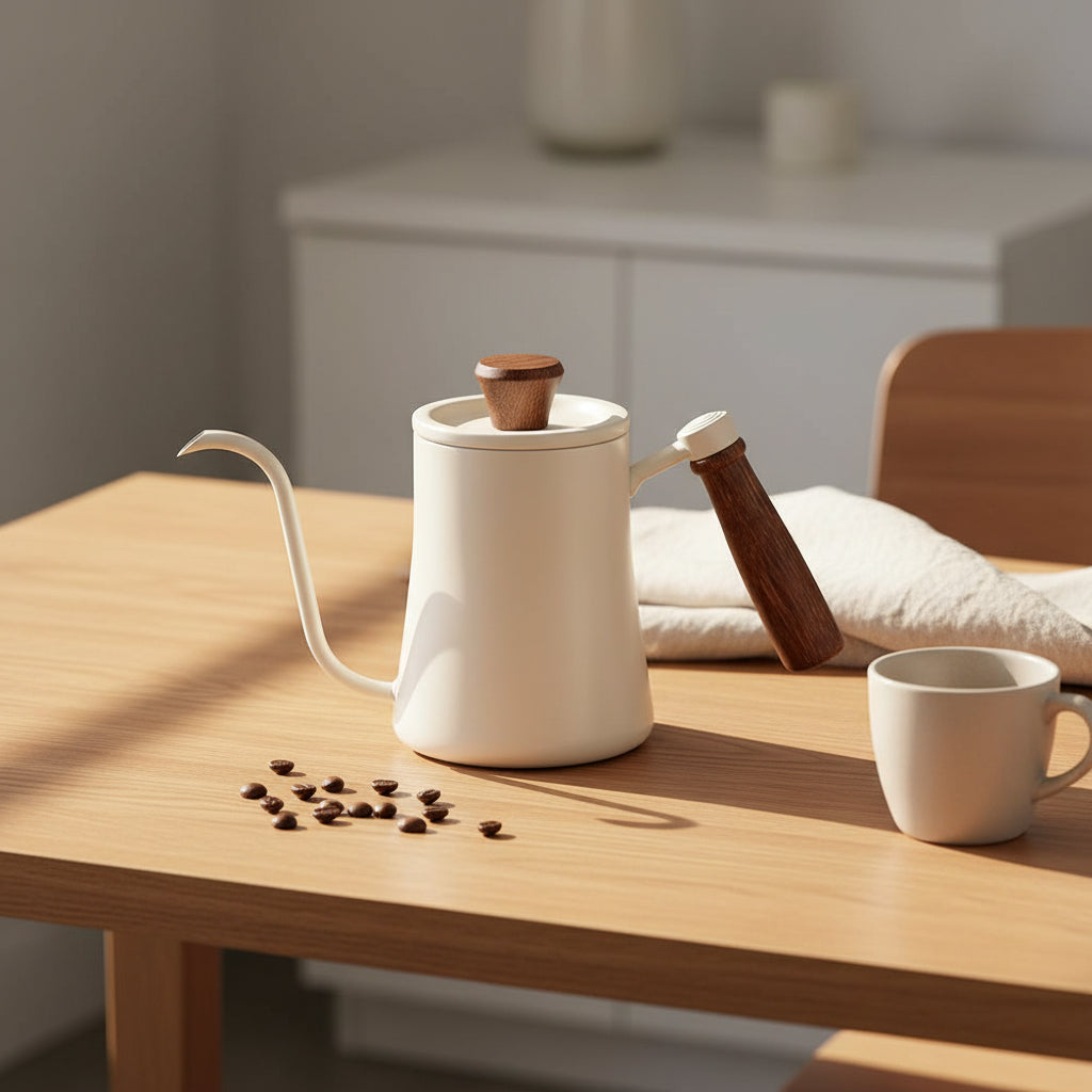 An off-white gooseneck coffee kettle with a long wooden handle and a matching wooden lid knob, on a Scandinavian-style workspace desk, soft warm daylight, coffee beans, coffee cup.
