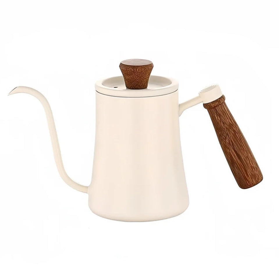 A matte off-white gooseneck coffee kettle with a long wooden handle and a matching wooden lid knob, shown on a solid white background.