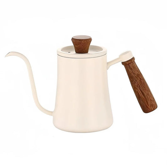 A matte off-white gooseneck coffee kettle with a long wooden handle and a matching wooden lid knob, shown on a solid white background.