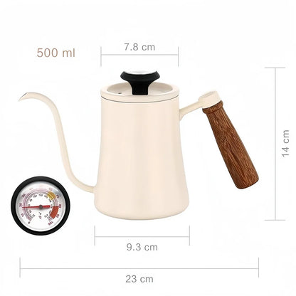 Measurement chart of a white gooseneck kettle with wooden handle, including dimensions and a thermometer icon.