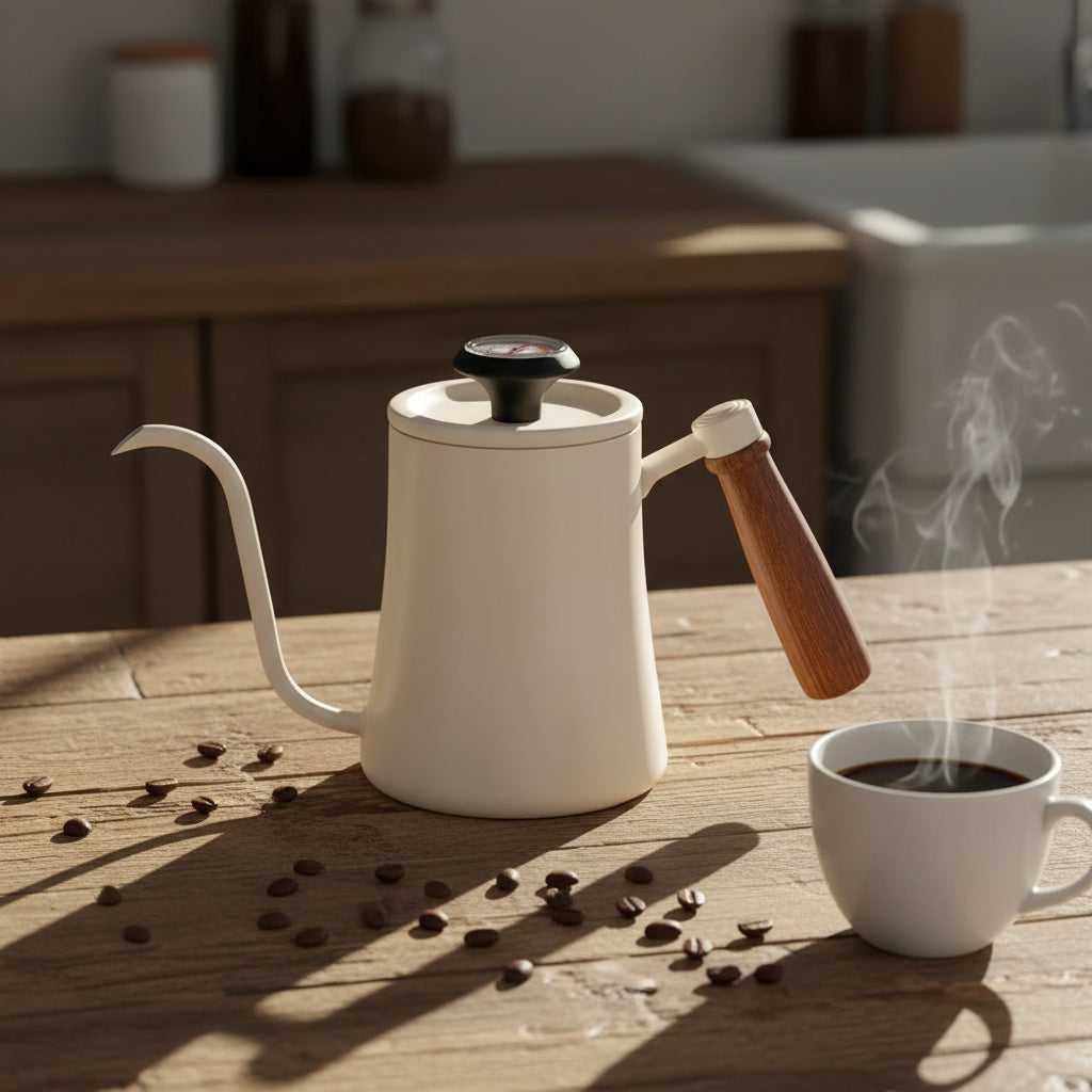 A coffee kettle with a cream-colored body, a brown wood-grain handle, and a black lid knob, shown with dimension lines and a temperature gauge, on a rustic wooden table, warm afternoon sunlight, coffee beans and coffee cup
