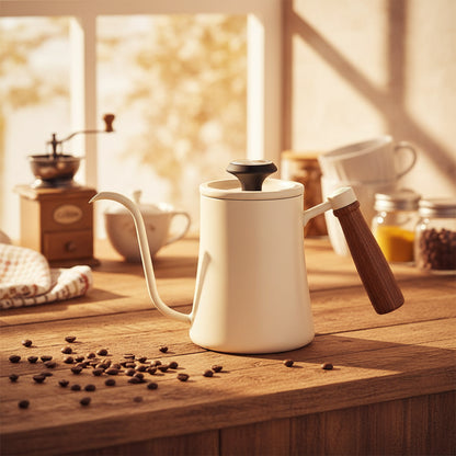 An off-white gooseneck coffee kettle with a brown wood-grain handle, a black lid knob, and an included digital temperature gauge, In a vintage kitchen, warm and cheerful sunlight, coffee beans.