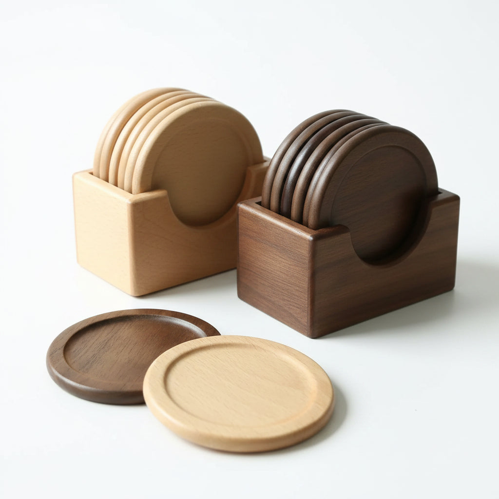 Wooden coasters in holders on a white background