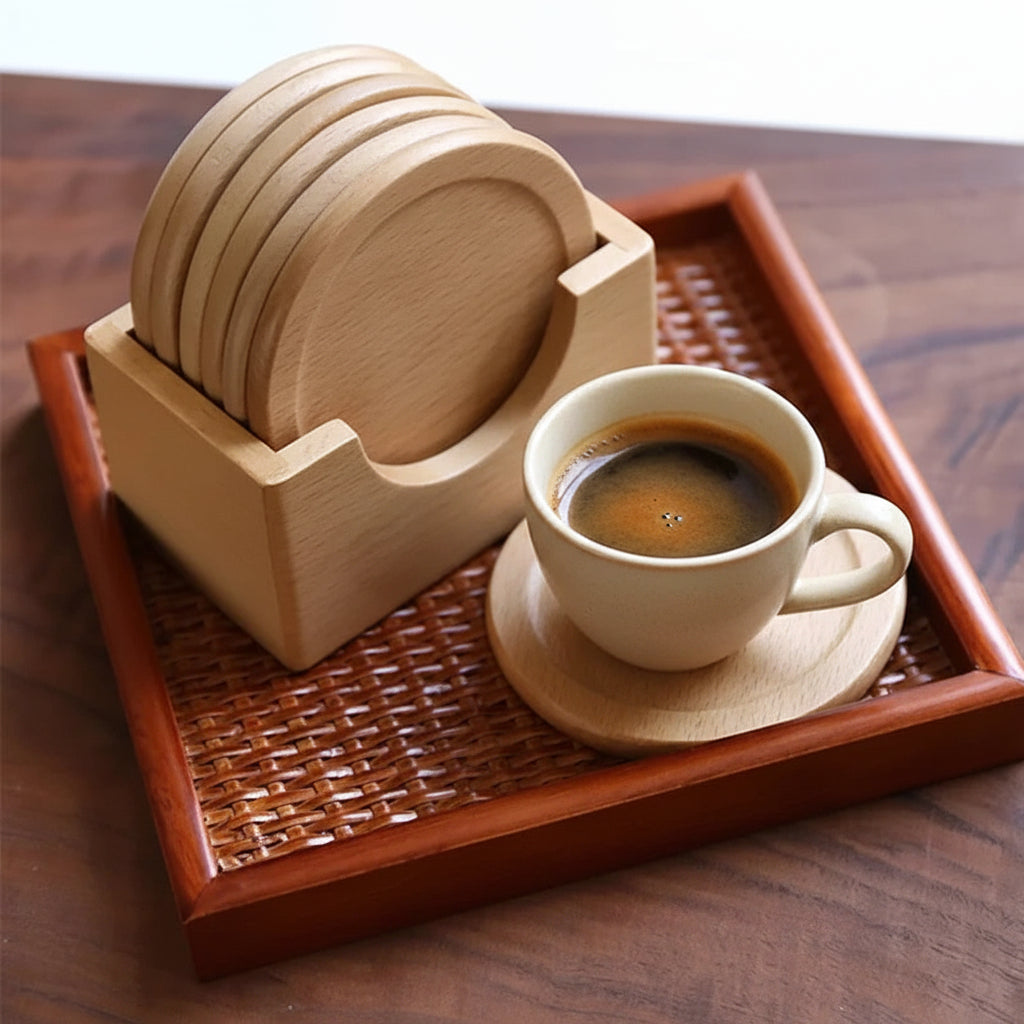Set of wooden coasters with a holder on a woven tray, accompanied by a coffee cup