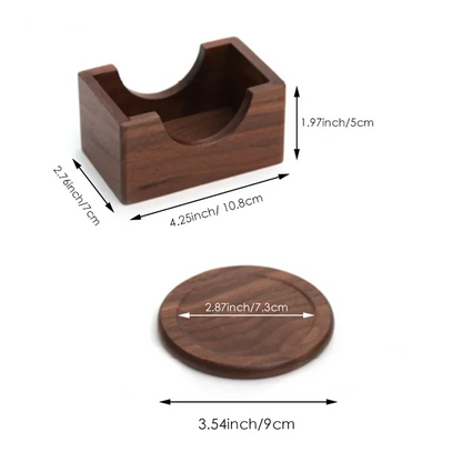 Wooden coaster set with dimensions on a white background