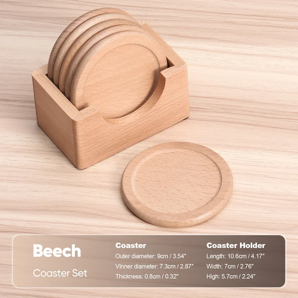 Wooden coaster set with holder on a wooden surface