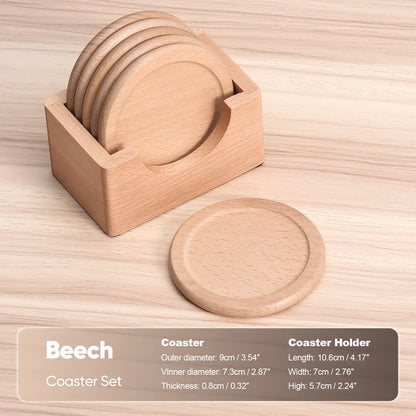 Wooden coaster set with holder on a wooden surface