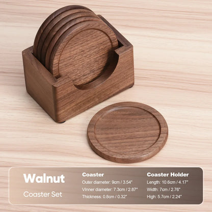 Wooden coaster set with holder on a wooden surface