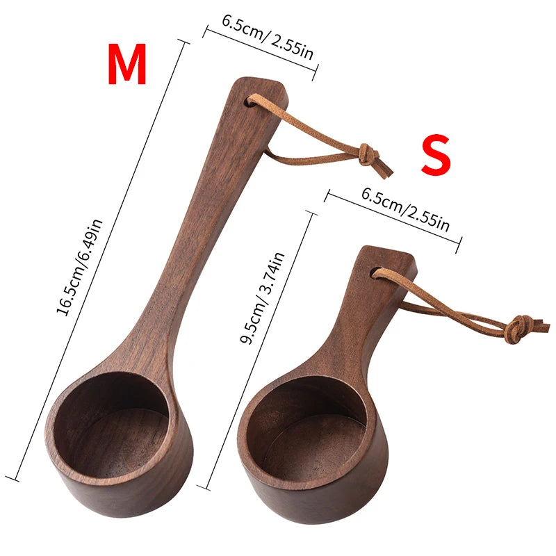 Two wooden measuring spoons with dimensions labeled on a white background